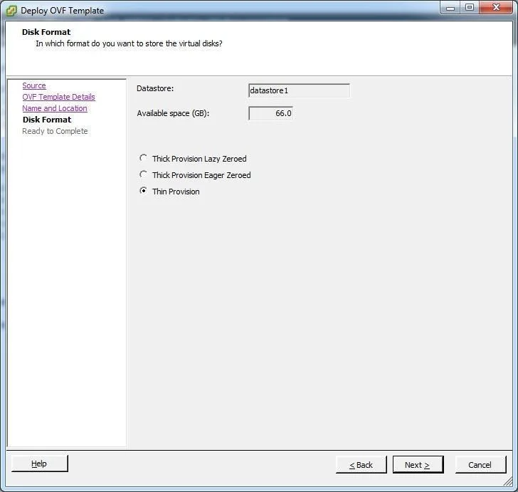 Selecting the Thin provision Disk Format