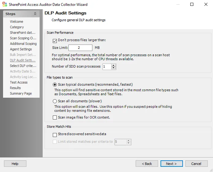 Dropbox Access Auditor Data Collector Wizard DLP Audit Settings page