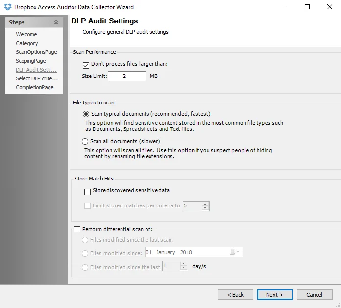 Dropbox Access Auditor Data Collector Wizard DLP Audit Settings page
