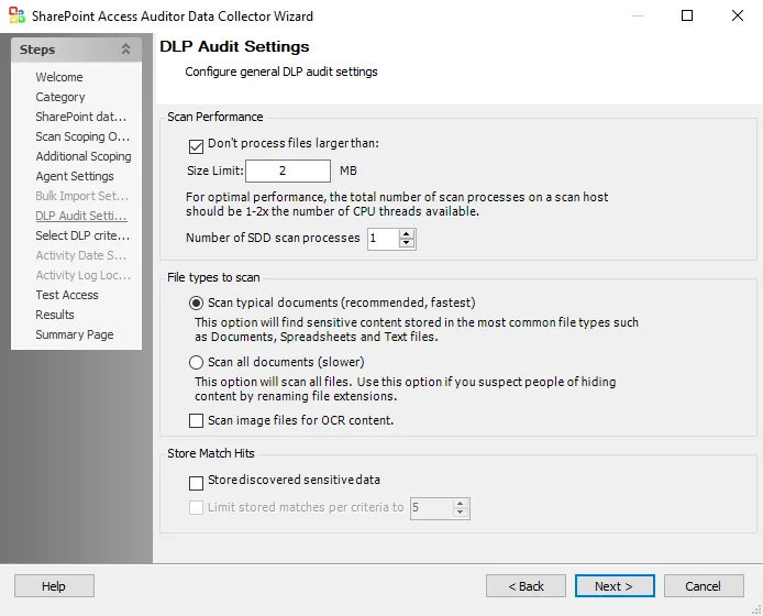 DLP Audit Settings page