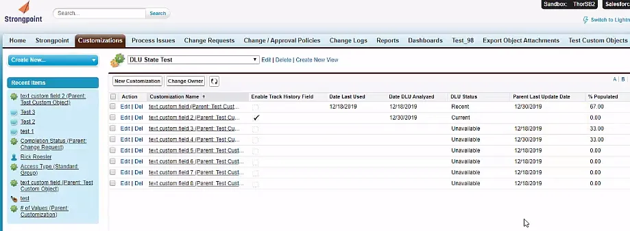 Example of the DLU status fields for a CustomField