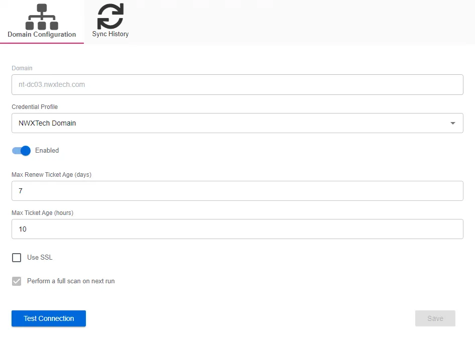 Active Directory Sync details page for a specific domain showing the Domain Configuration tab