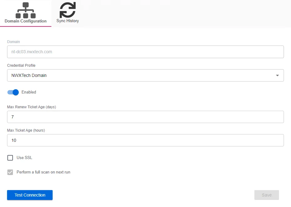 Active Directory Sync details page for a specific domain showing the Domain Configuration tab