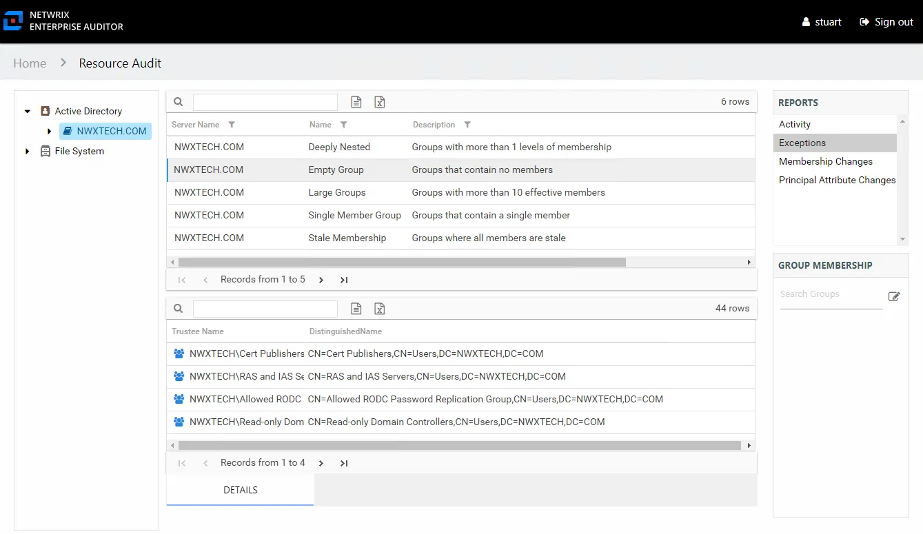 Exceptions report