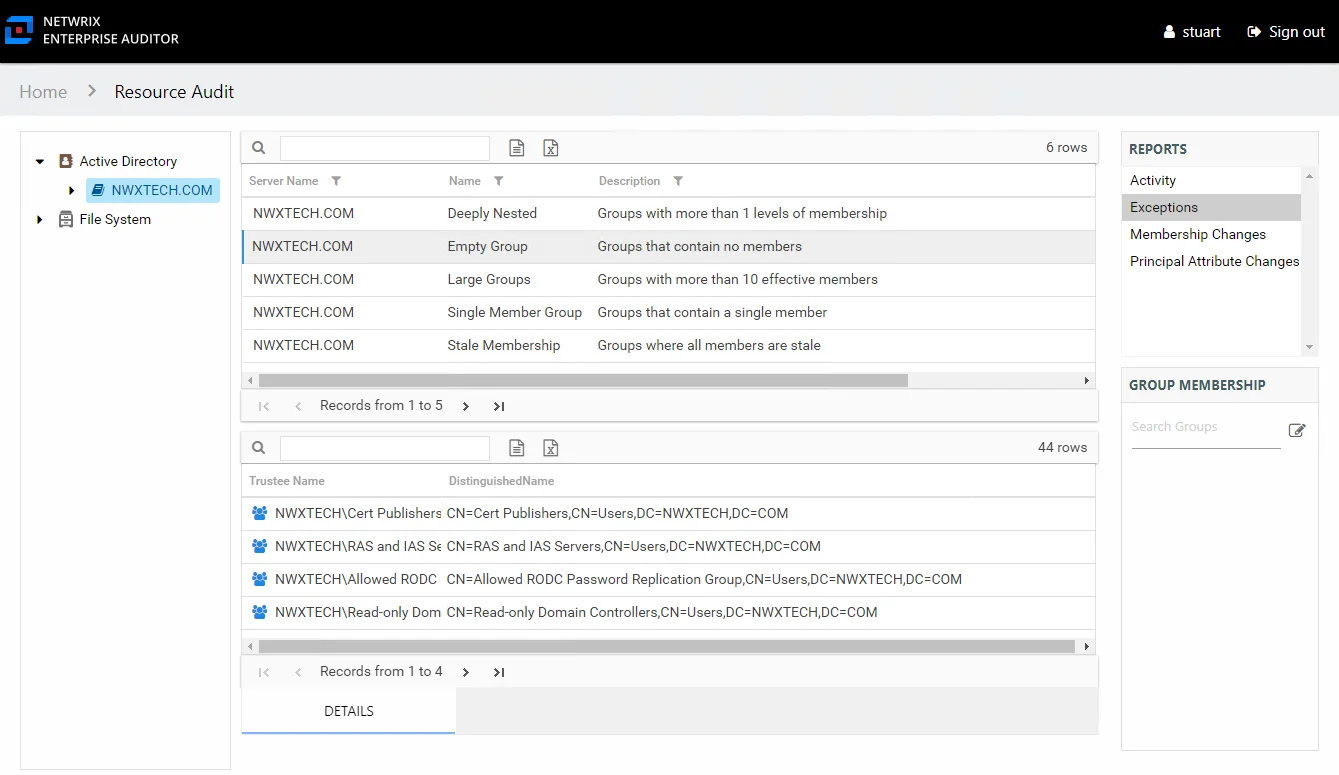 Exceptions report