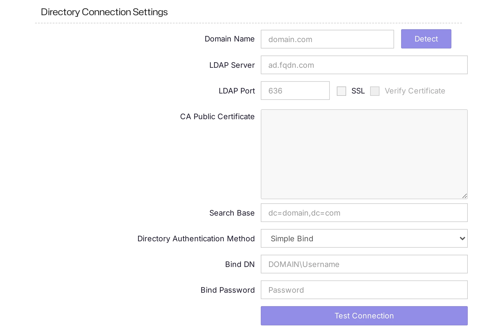 The Directory Connection Settings of a new domain