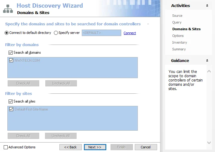 Host Discovey Wizard Domains &amp; Sites page