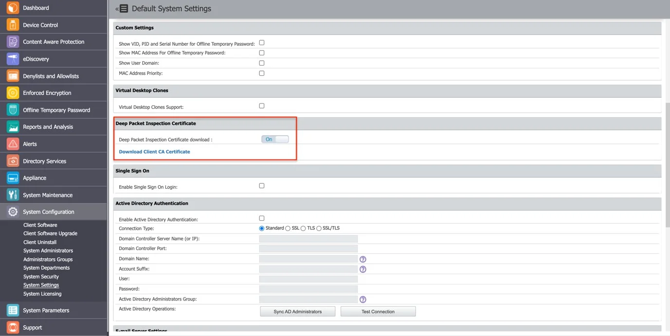 Enabling Deep Packet Inspection Certificate and then downloading Client CA Certificate
