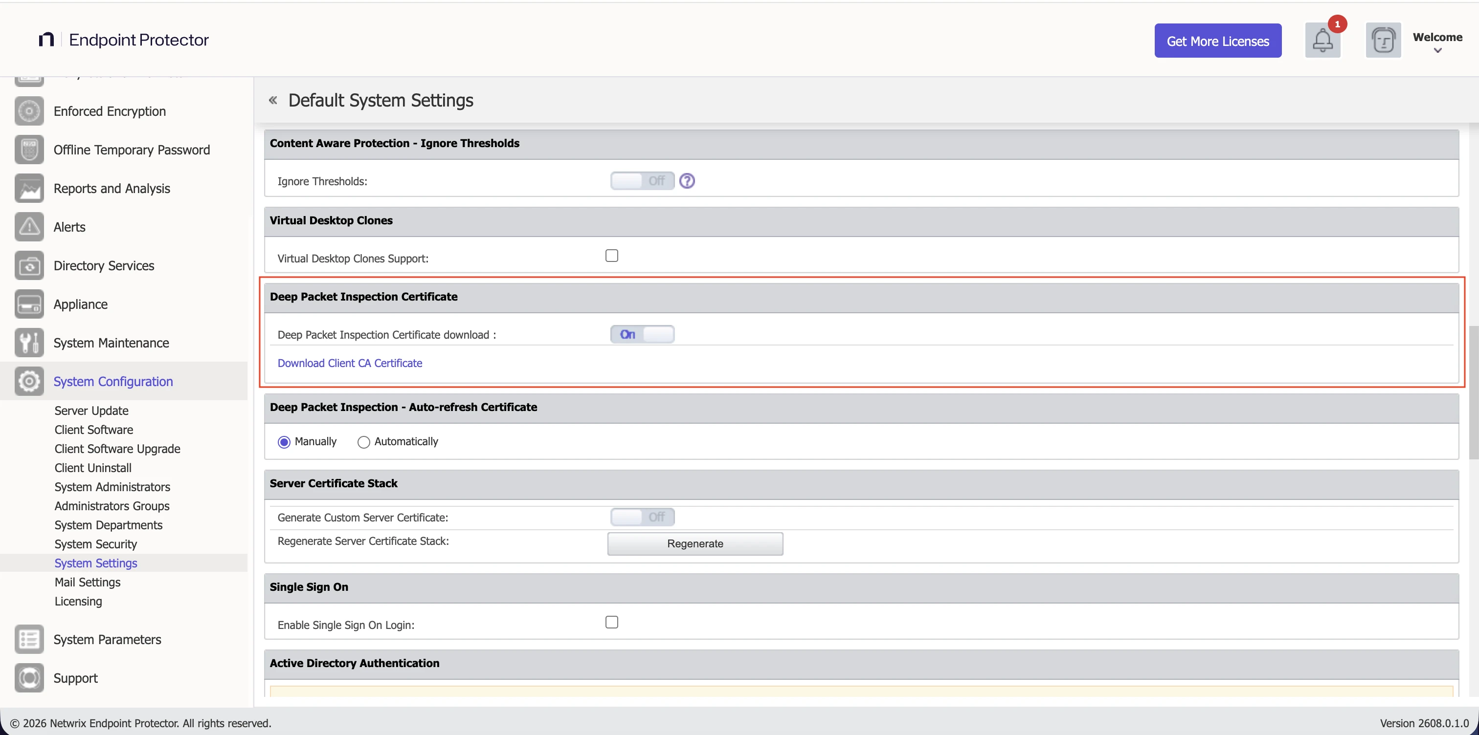 Enabling Deep Packet Inspection Certificate and then downloading Client CA Certificate
