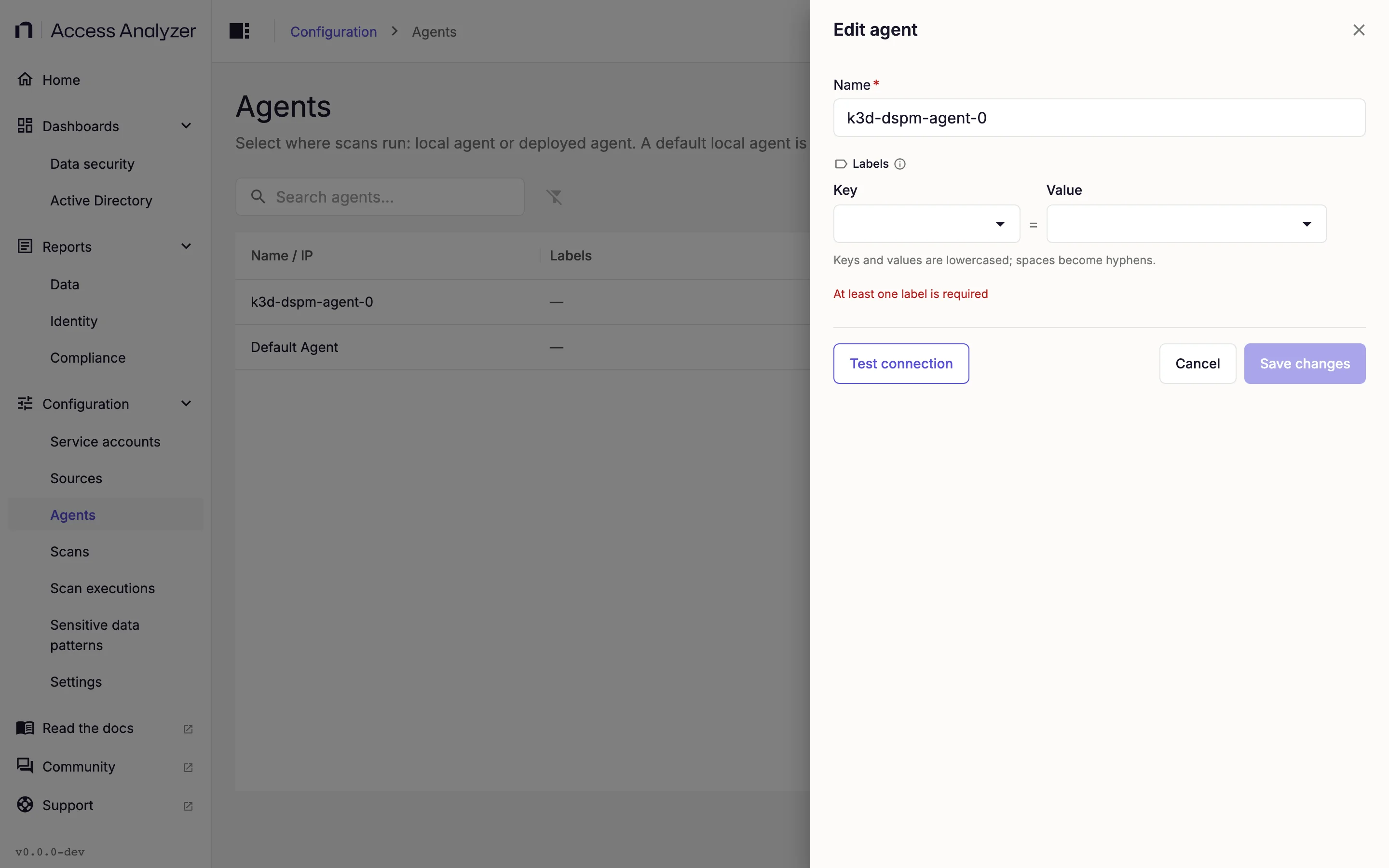 Edit agent panel with Name and Labels