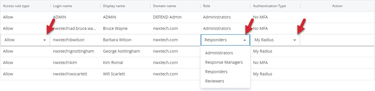 User and Groups section showing the 3 drop-down menus in Edit mode
