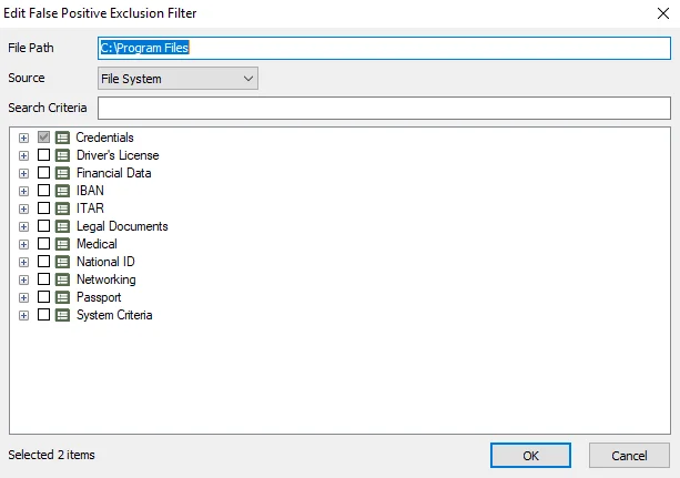 Edit False Positive Exclusion Filter window