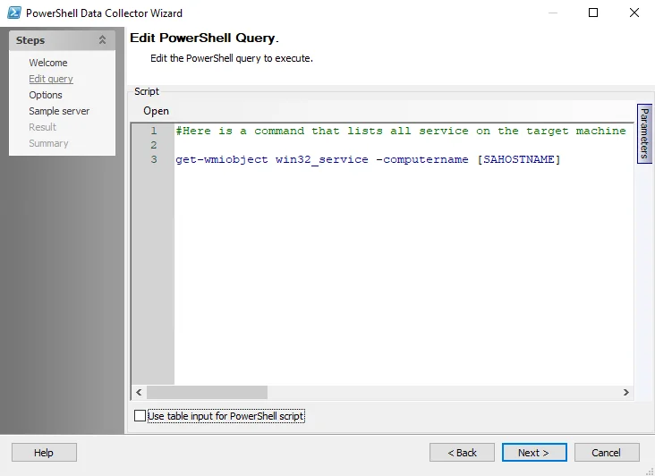 PowerShell Data Collector Wizard Edit Query page