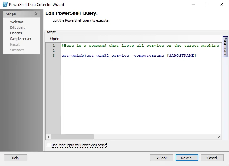 PowerShell Data Collector Wizard Edit Query page