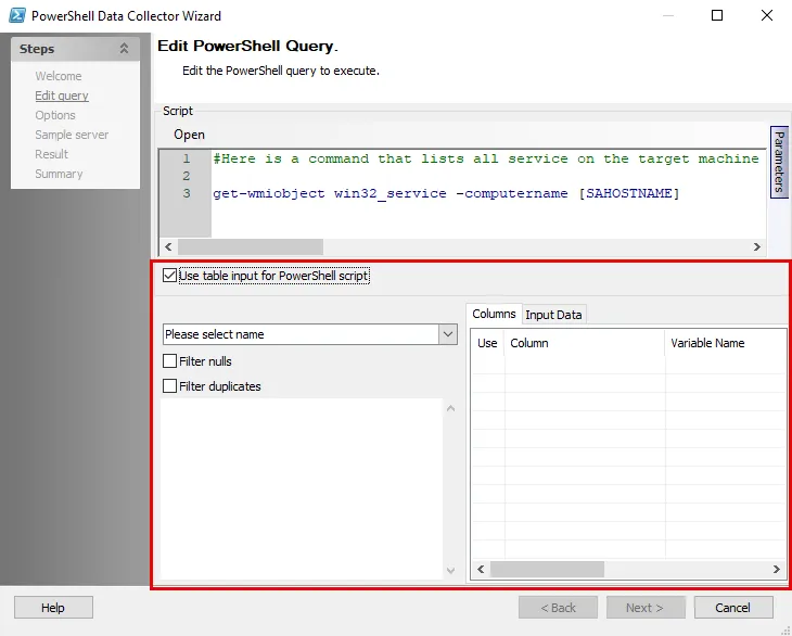 Edit Query page input options