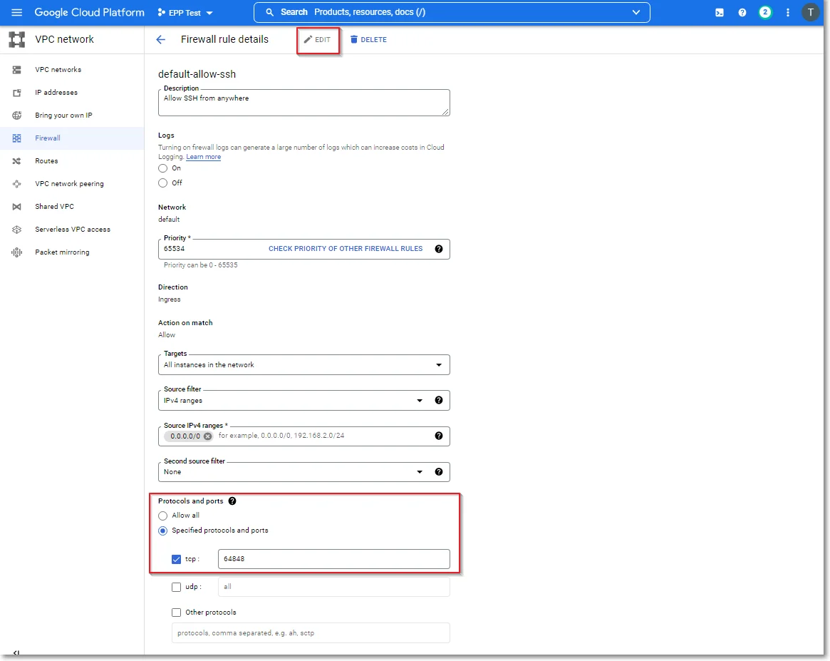 Editing firewall rules