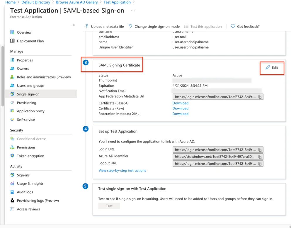 Edit SAML Signing Certiﬁcate