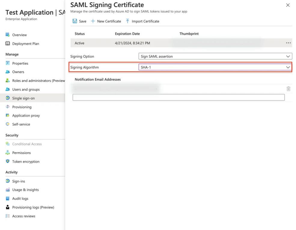 Edit SAML Signing Certiﬁcate
