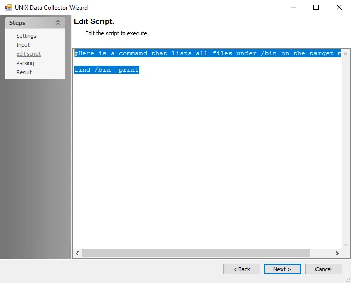 Unix Data Collector Wizard Edit Script page