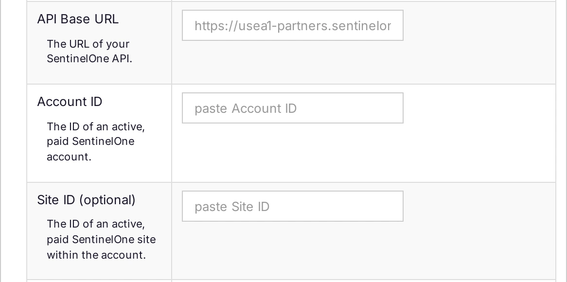 The SentinelOne provider form with the API Base URL, Account ID, and Site ID fields