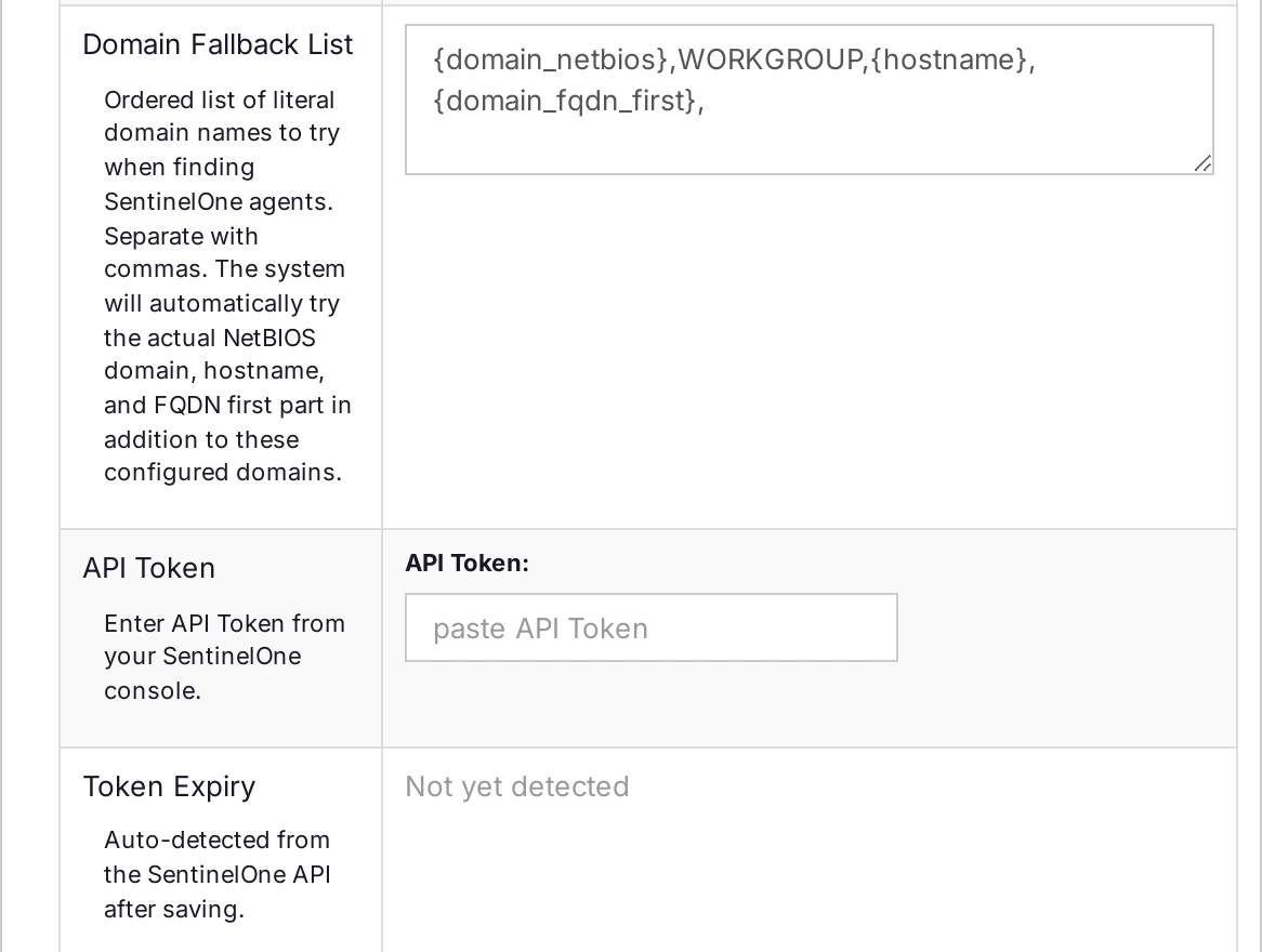 The Domain Fallback List, API Token, and Token Expiry fields of the SentinelOne provider form