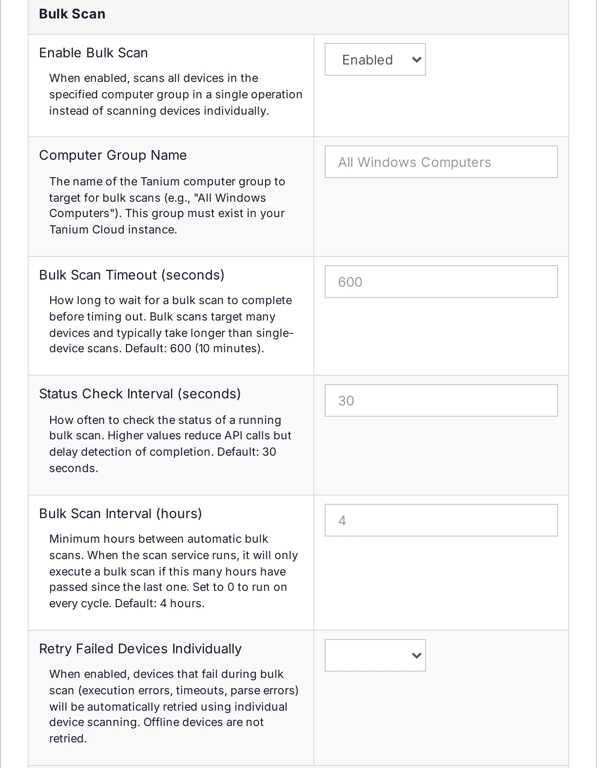 The Bulk Scan section of the Tanium Cloud provider form