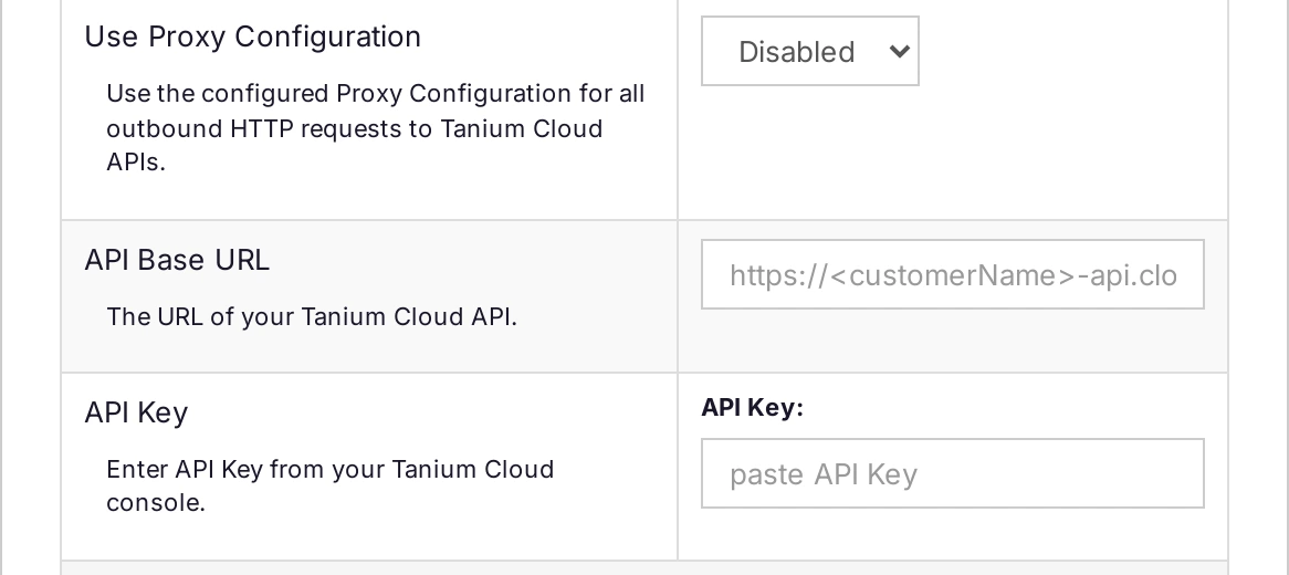 The Tanium Cloud provider form with the Use Proxy Configuration, API Base URL, and API Key fields