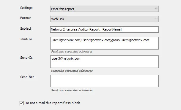 Settings configured to email the report