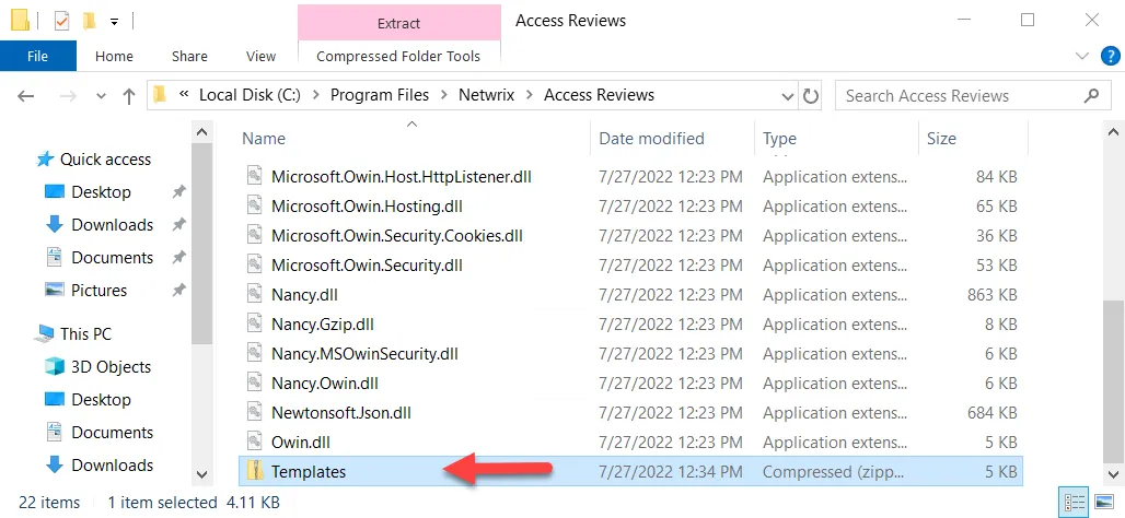 Access Reviews installation directory showing the Templates zip file