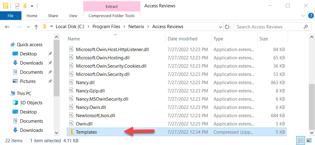 Access Reviews installation directory showing the Templates zip file