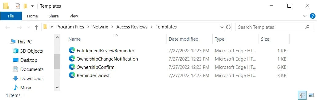 Templates folder showing email templates