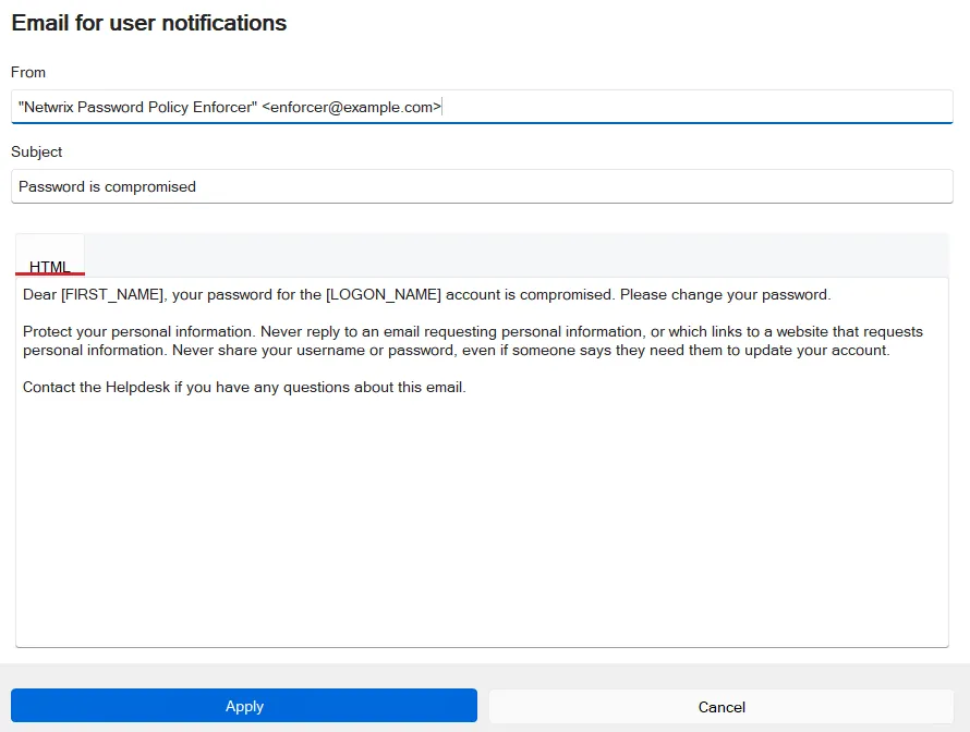 Email user notification of compromised password