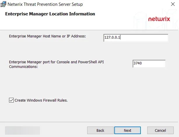 Threat Prevention Server Setup wizard - Enterprise Manager Location Information page