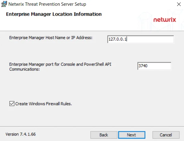 Threat Prevention Server Setup wizard - Enterprise Manager Location Information page