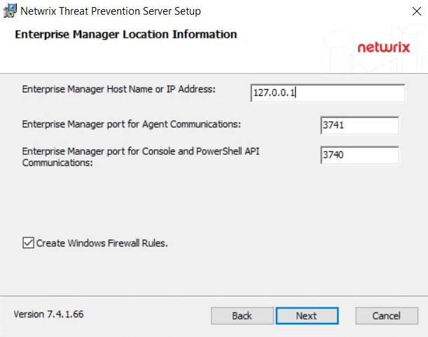 Threat Prevention Server Setup wizard - Enterprise Manager Location Information page