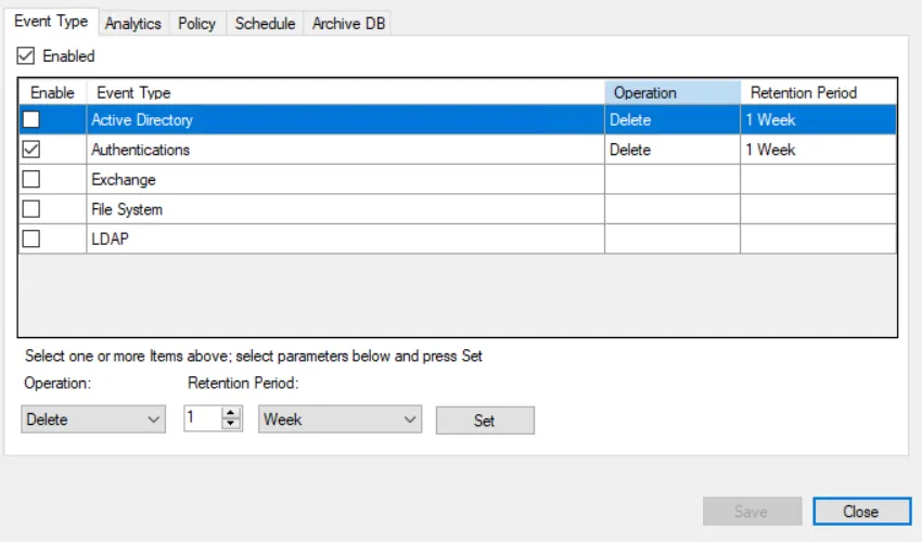 Database Maintenance window - Event Type tab