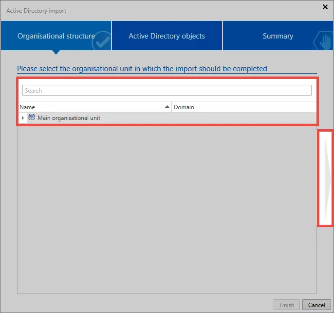 Import wizard/organisational structure