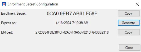 Enrollment Secret Configuration window