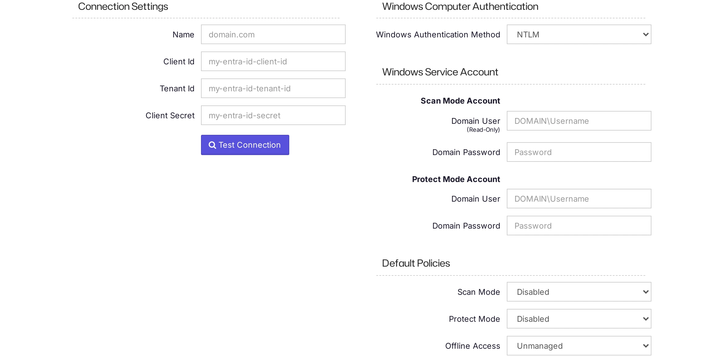 The Microsoft Entra ID domain form with the connection settings, Windows service accounts, and default policies