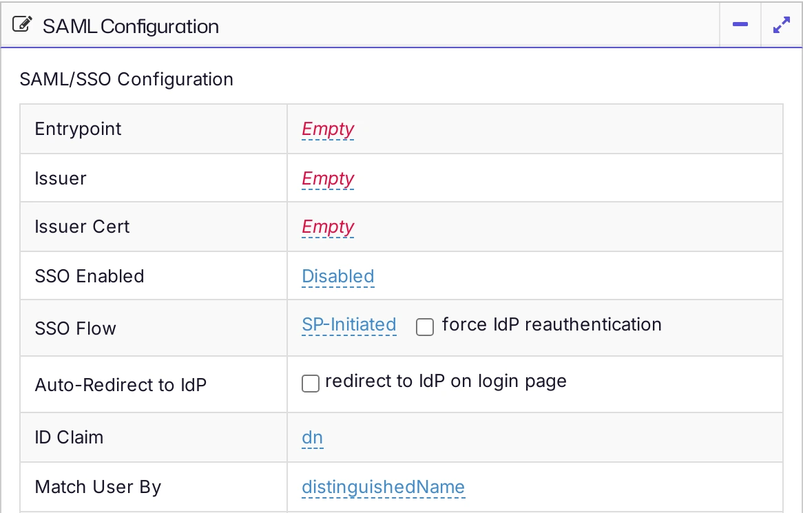 The SAML Configuration settings with Auto-Redirect to IdP cleared