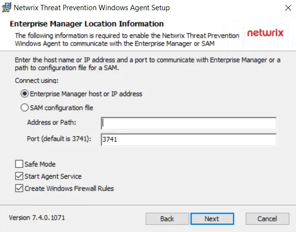 Threat Prevention Windows Agent Setup wizard - Enterprise Manager Location Information page