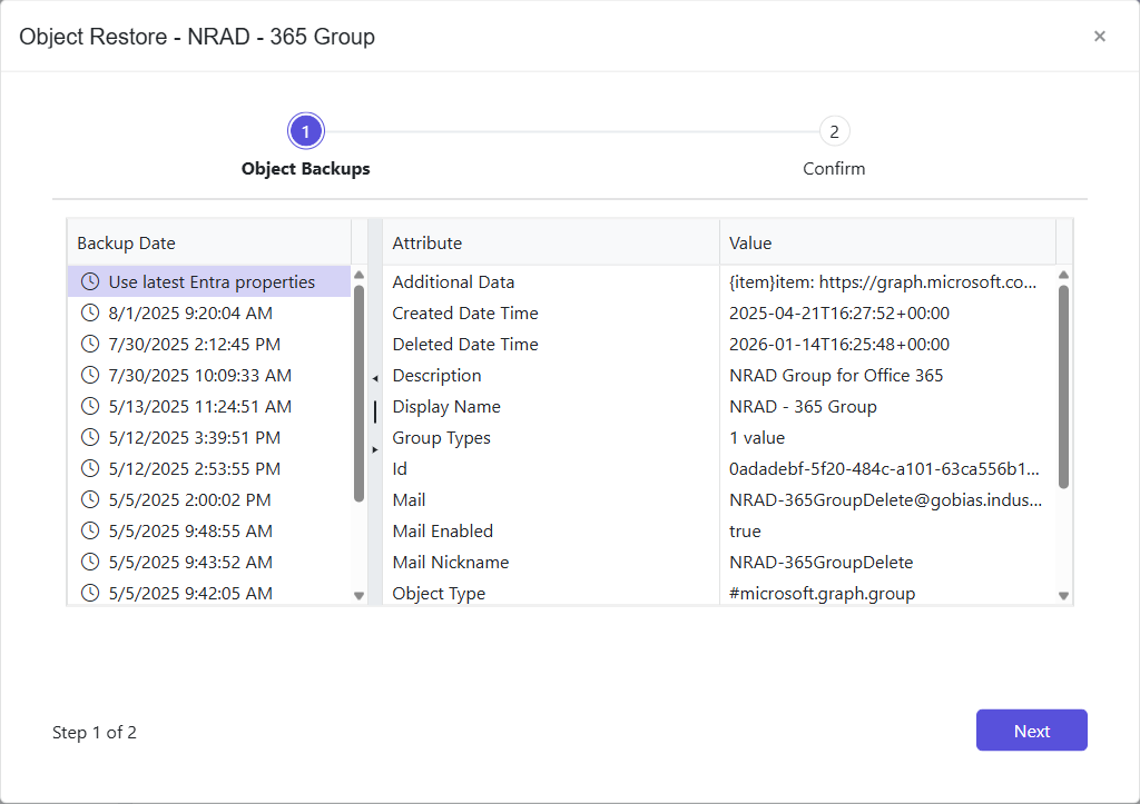 Object Restore wizard - Object Backup page
