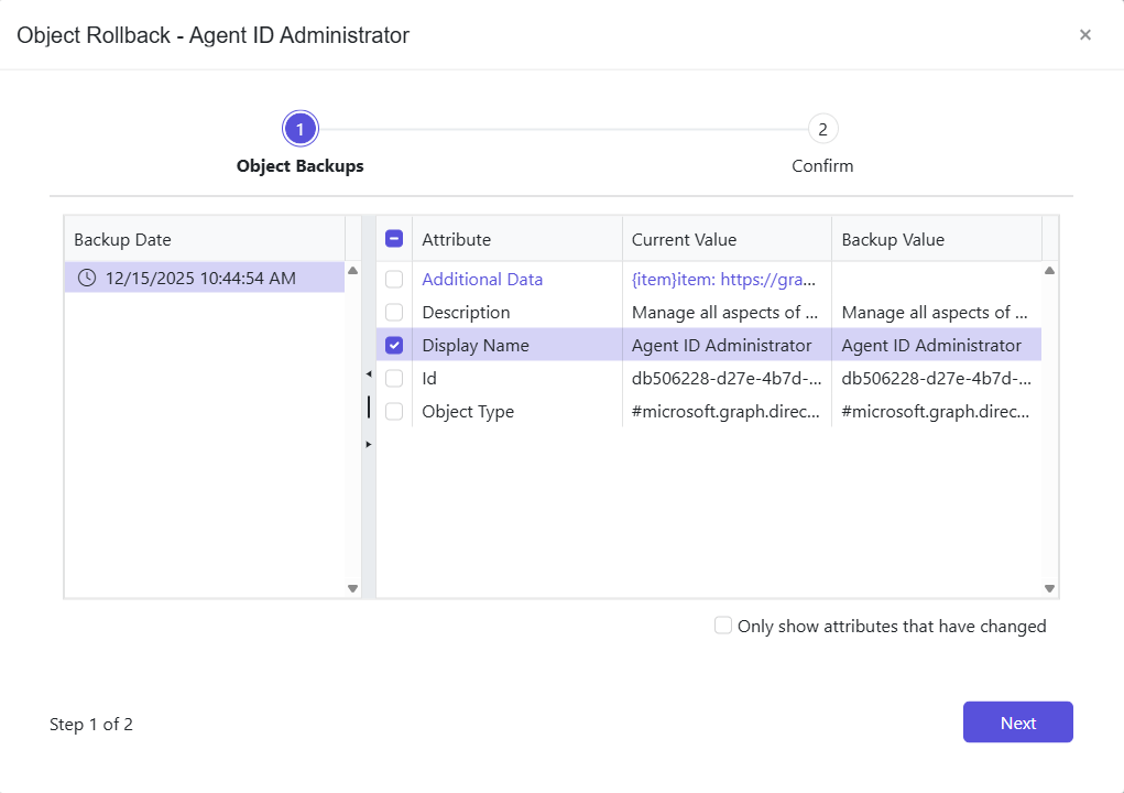 Object Rollback wizard - Object Backup page