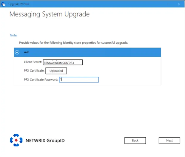  Upgrade wizard Microsoft Entra ID Messaging System page