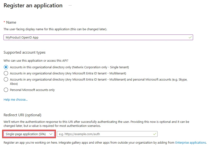 NTM EntraIDOpenID Connect Application New Registeration page