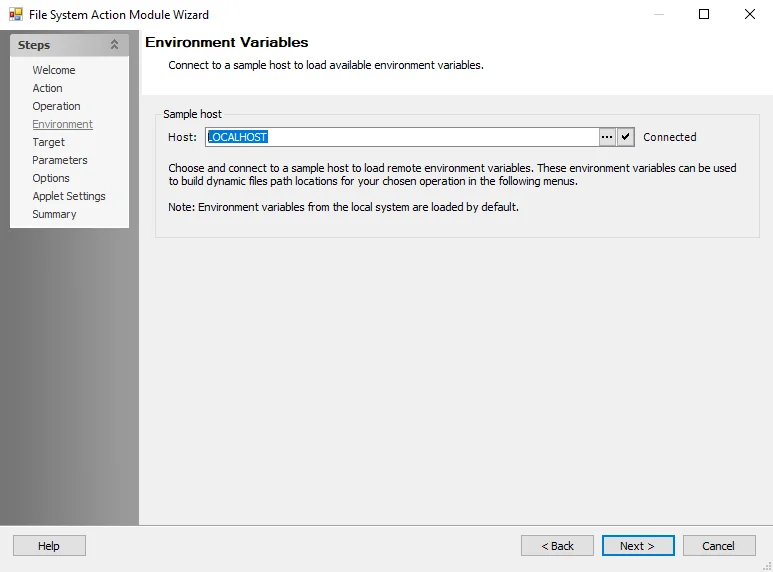 File System Action Module Wizard Environment page