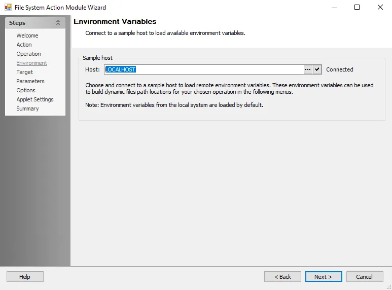 File System Action Module Wizard Environment page