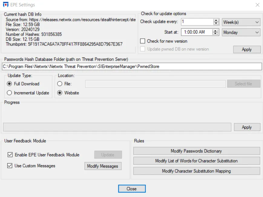EPE Settings window