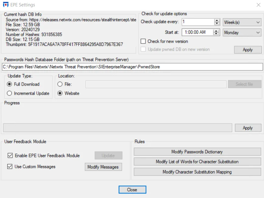 EPE Settings window