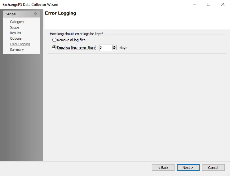 ExchangePS Data Collector Wizard Error Logging page